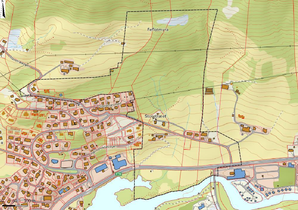 Figur 2: Planområdet er markert med svart stipla linje. 1.2. Topografi, hydrologi og vegetasjon Planområdet ligg på nordsida av dalføret, mellom elva Jølstra og lia under Nova og Gravsfjellet (851 m o.