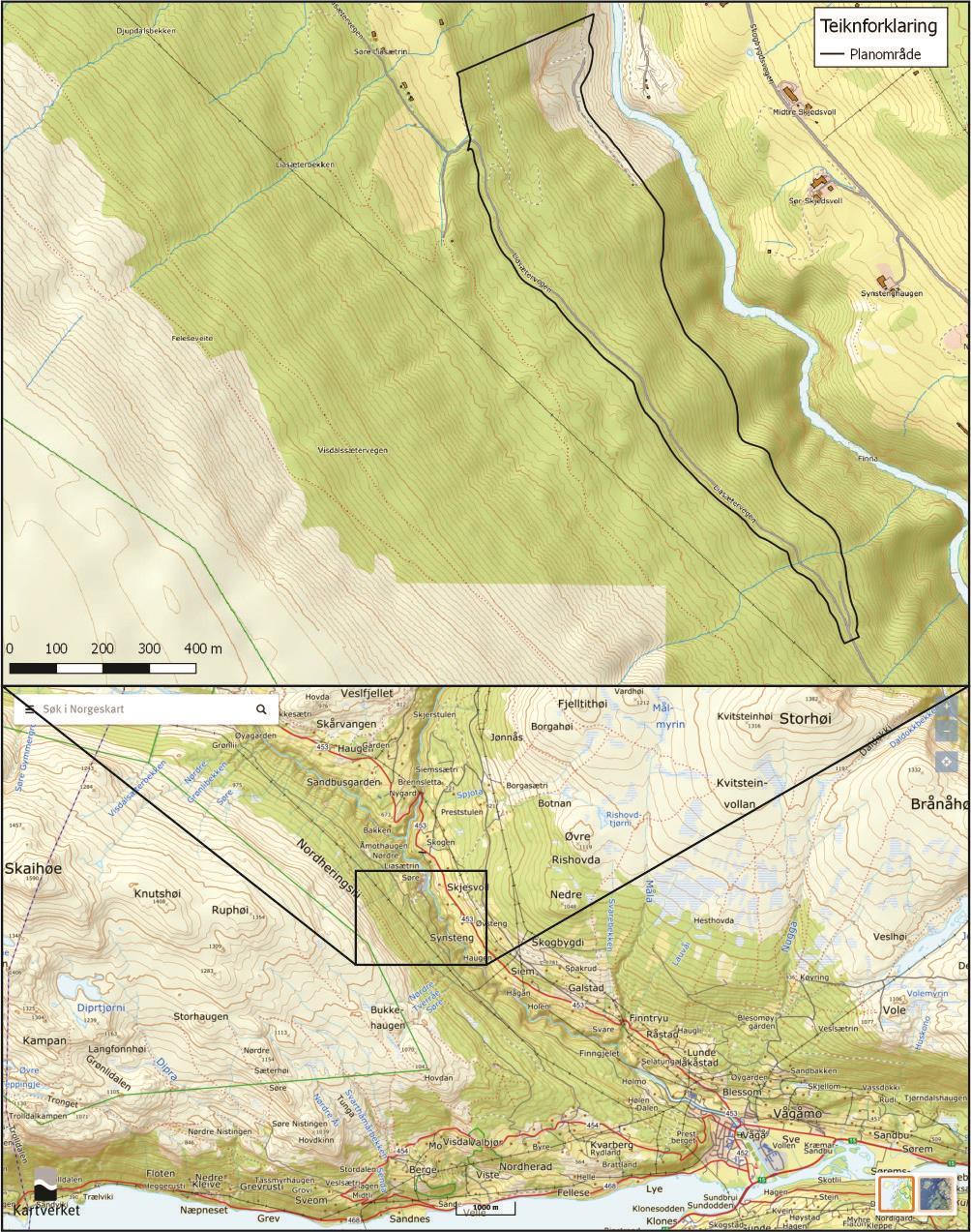 2. Om det undersøkte området 2.1 Områdeskildring Planområdet ligg på vestsida av elva Finna som renn søraustover mot Vågåmo (Figur 1). Nedre del av planområdet er på kring 550 m o.h.