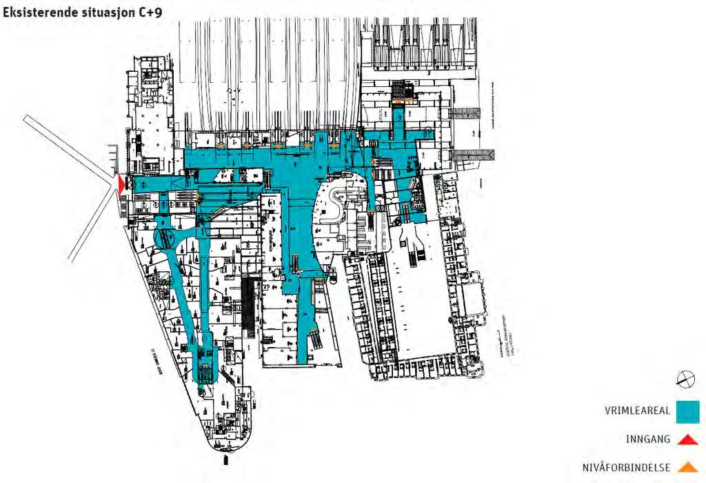 Figur 76 Plan av dagens Oslo S på kote + 9 som også viser Østbanen, Byporten og Posthuset Foreslått arealbruk samlet i de tre prosjektene: Foreslått arealbruk i BG14b kvm BTA