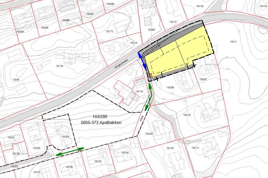 4.1 Adkomst Adkomst til planområdet er fra FV164 Ringkollveien, via privat samlevei, med felles utkjøring på fylkesveien (markert med blå pil i figur 3).