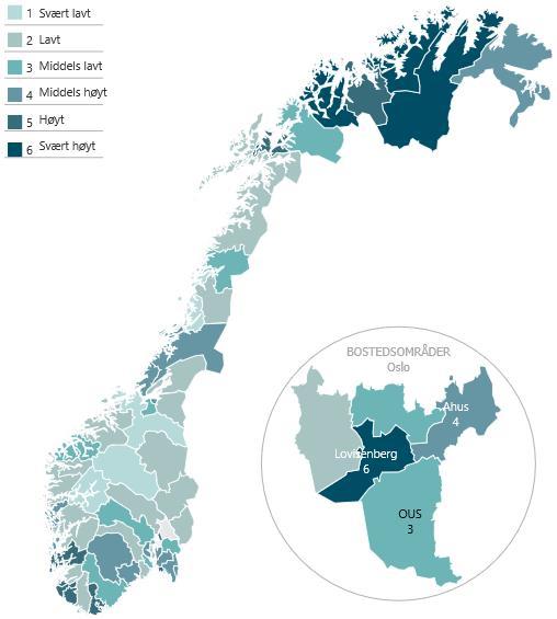 Sør-Øst Vest Midt-Norge Nord Tvangsinnleggelser per 1 innbyggere Geografiske forskjeller i rate for tvangsinnleggelser Tvangsinnleggelsesraten varierer ikke bare mellom menn og kvinner og mellom