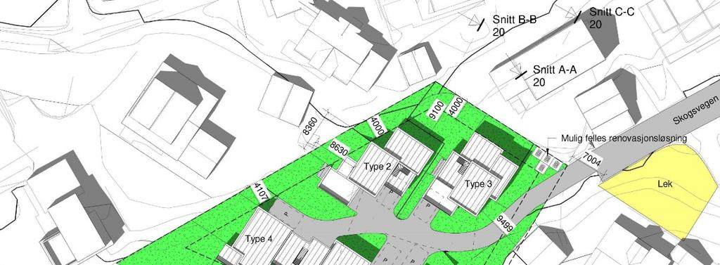 For eneboligene vises parkeringsdekning på 2 parkeringsplasser per boenhet, hvorav 1 garasjeplass og en gjesteparkeringsplass på egen tomt.