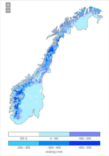 Scenario: Høye utslipp - Endring i dager med snødekke År 2031-2060 År 2071-2100