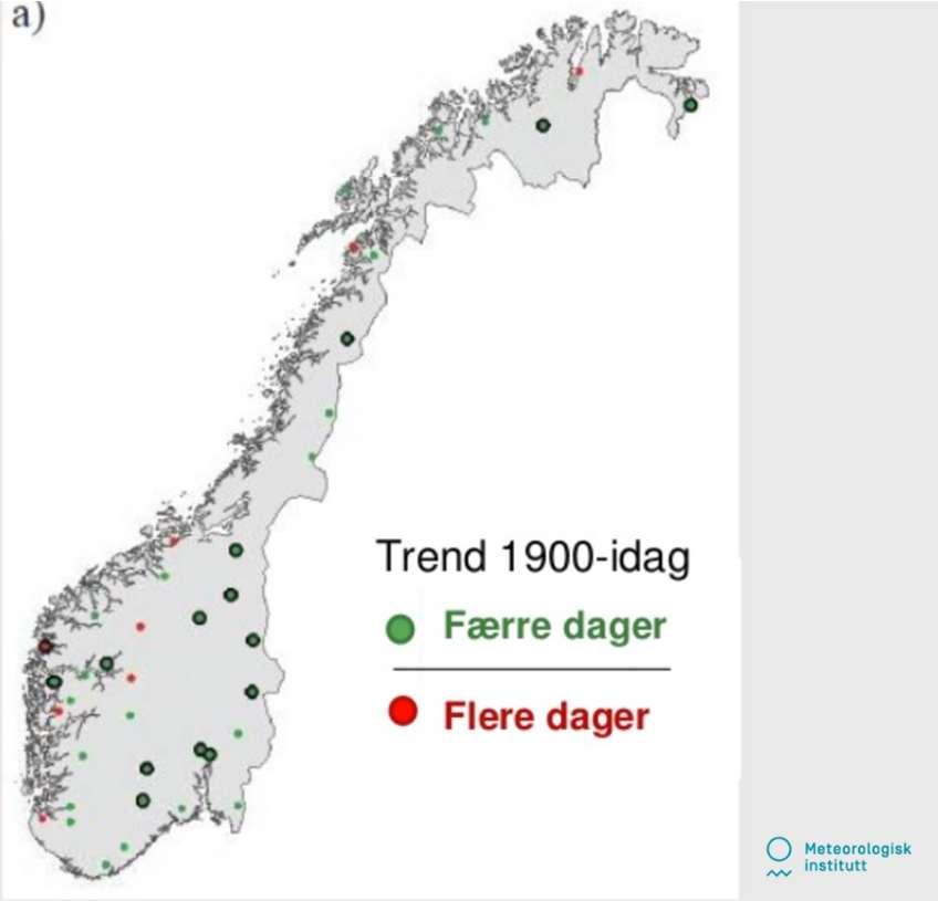 Antall dager med snødekke Snørike perioder: 1950-1980 Snøfattige