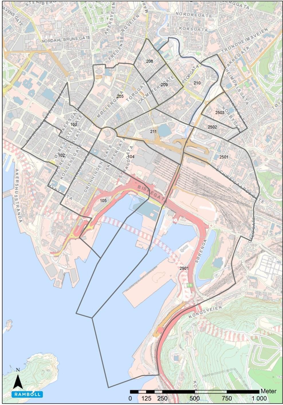 12 OPPDATERING AV PERSONSTRØMMER Figur 9 Grunnkretsinndeling i nærområdet til Oslo S