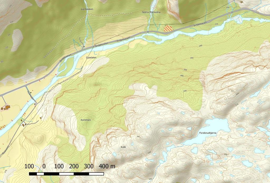 106 Figur 13.45 Dyrkbar jord (rødskraverte områder) ved Gyaåna (kilde: Nibio.no) Skogbruk Skogdekte områder domineres helt av bjørk.