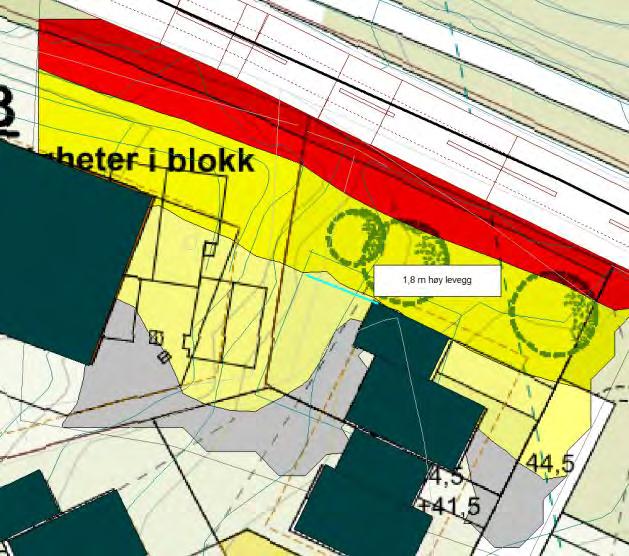 Nordligste bolig i FS3 ligger i gul støysone og vil ha behov for tiltak for at hoveduteplass skal komme under nedre grense for gul støysone.