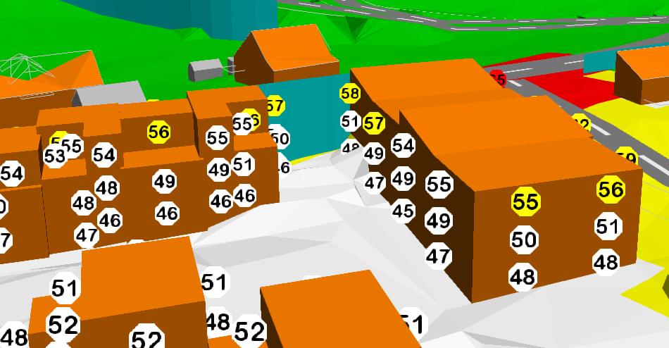 Tettet åpning mellom bygg 1 og 2 Støykart X04 og Figur 8 viser skjermingseffekt med tettet åpning mellom bygg 1 og 2. Veggen er satt til høyde k + 139,3 m for å gå i kant med bygg 2 i vest.