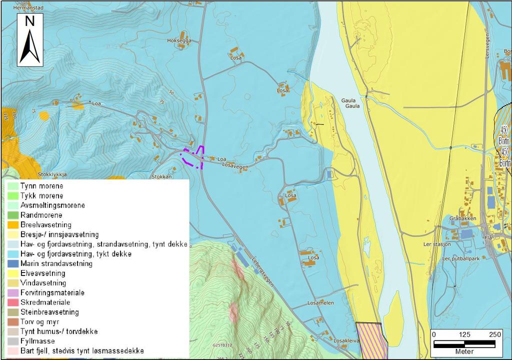 Ifølge NGUs løsmassekart (figur 2) ligger området på Hav- og fjordavsetninger med tykt dekke. Denne type avsetninger består av finkornige marine avsetninger (dvs.