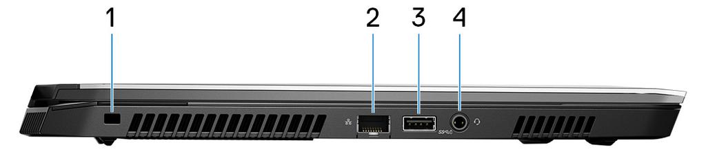 Visninger av Alienware m15 Høyre 1 USB 3.1 Gen 1-porter (2) Koble til eksterne enheter som eksterne lagringsenheter og skrivere. Gir dataoverføringshastigheter på opptil 5 Gbps.