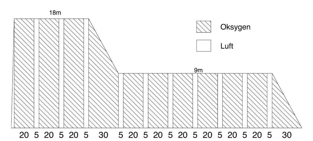 Tabell 6 Kompresjon og dekompresjon Nedstigningshastighet velges fritt. Oppstigningshastighet er 0,3 m/min. Pasient Puster valgfritt O 2 eller kammerluft under nedstigningen.
