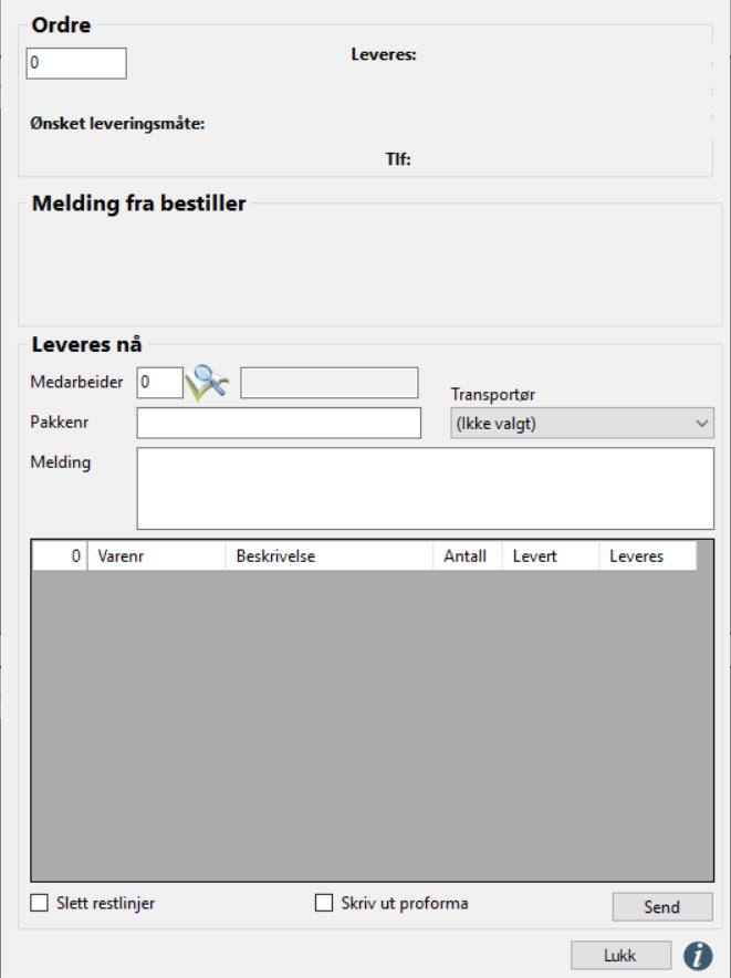 Ferdigmelding Ferdigmeld ordre Åpner et vindu for ferdigmeldte ordre. Ordre Denne ordrens nummer. Leveres nå Det er her selve ferdigmelding av ordren foregår.