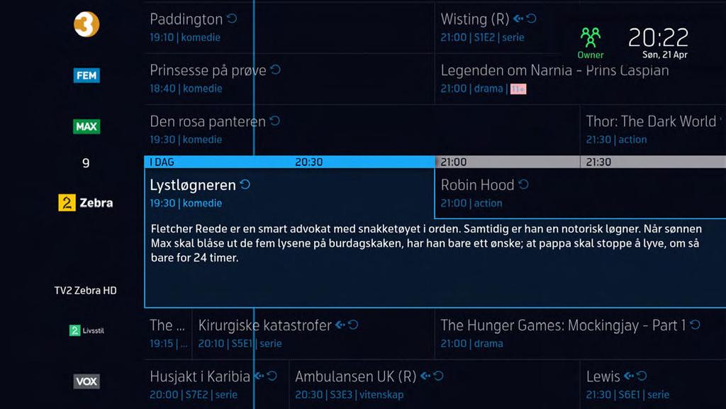 Du åpner TV-guiden ved å trykke på på fjernkontrollen. Det er også mulig å starte opptak av både programmer som går og programmer frem i tid direkte fra TV-guiden.