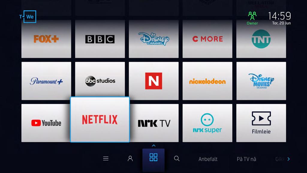 * For å komme til Netflix, trykk på fjernkontrollen, naviger til menyen Apper og arkiv og trykk på ikonet med
