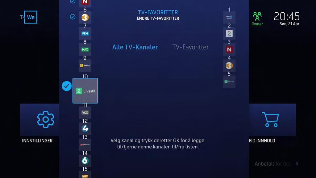 Favorittlister Min liste Med favorittlister kan du lage din egen liste med dine favorittkanaler. Du kan ha én favorittliste for TV-kanaler og én for radiokanaler per profil. 1.