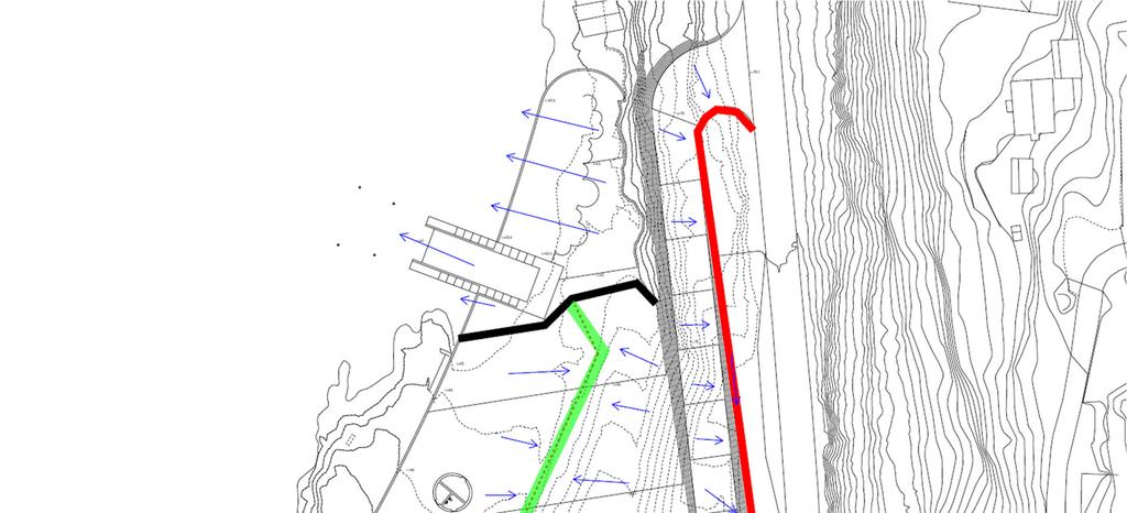 Figur 4. Skissert løsning for overvann. Blå piler viser avrenningsretning på overvannet. Rød tykk strek indikerer grøft i veikant, som leder til infiltrasjonssandfang.