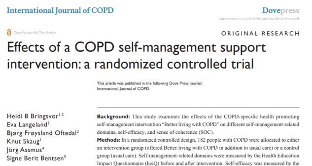 Effects of a COPD self-management support intervention: a randomized controlled trial Positiv endring på: Tilegnelse av ferdigheter og teknikker (PPA: d=0.17, p=0.