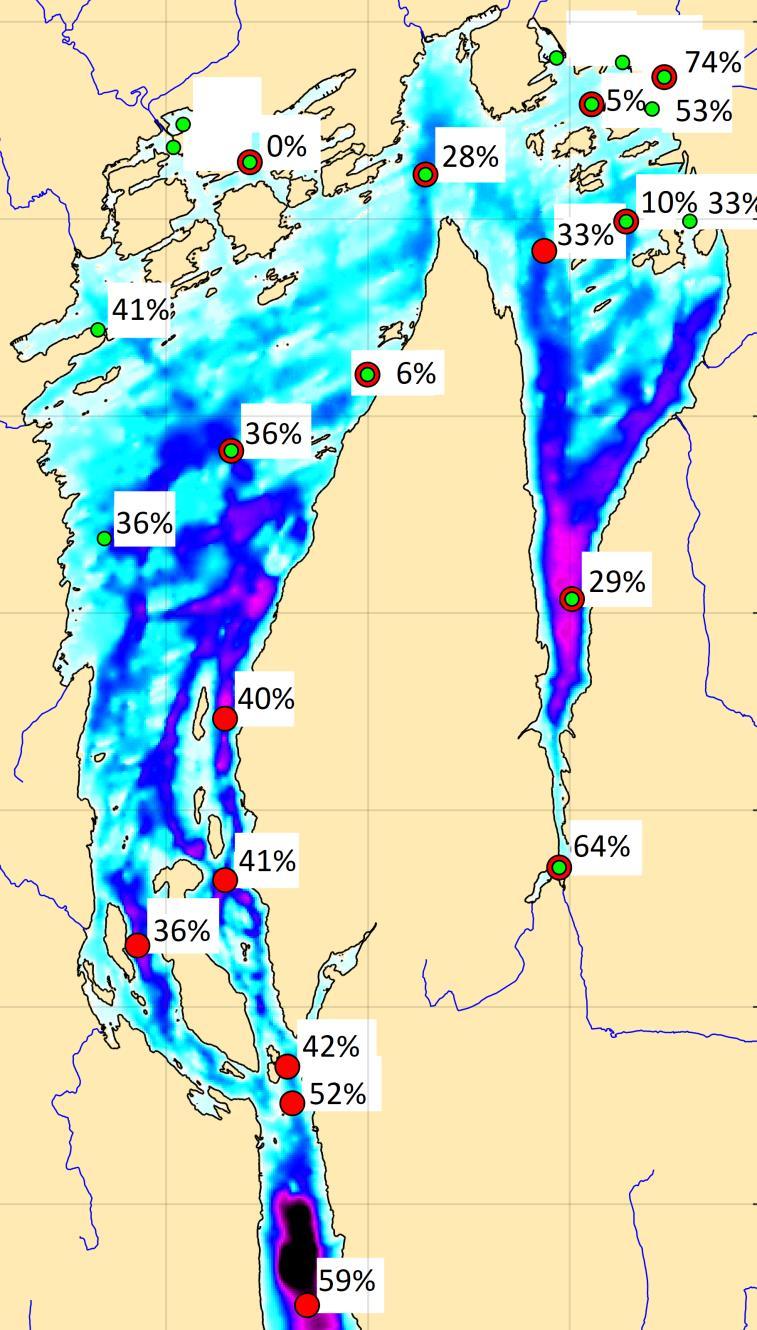 Oksygenforhold ved bunn OBS! I kartet vises en oversikt over oksygenforholdene ved bunn. I Bærumsbassenget har det allerede blitt utviklet anoksisk vann ved bunn.