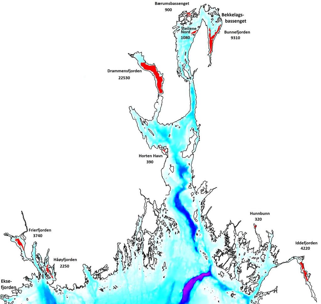 Utvikling av anoksisk vannmasser I indre Oslofjord innenfor Drøbaksundet, kan det være opp mot 11 kvadratkilometer av havbunnen hvor det er helt oksygenfritt.