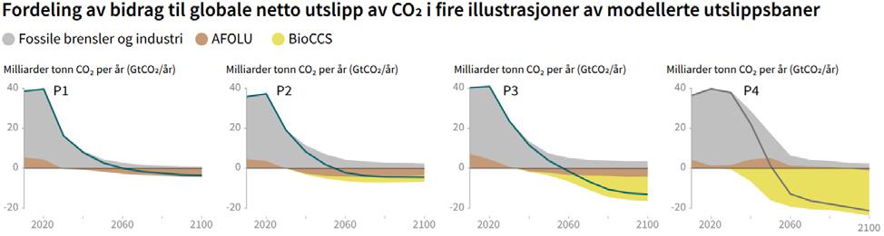 Figur 6: Utslipp og karbonfangst i de fire illustrative utslippsbanene på et globalt nivå. Enkeltområder og enkeltsektorer kan avvike markant fra disse globale trendene.