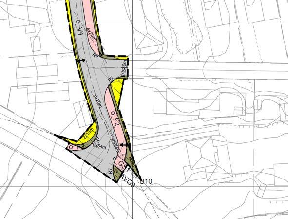 00 - Detaljregulering for Røsslyngvegen, Bryne, som ble godkjent i KS 19-06-2018 (utsnitt til høyre). Avkjørsel til Røsslyngvegen 1 er vist med avkjørselspil og går over offentlig fortau.