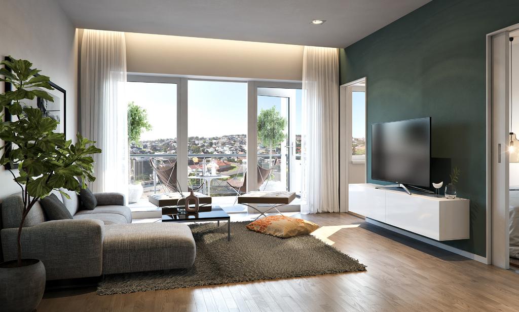 3D illustrasjon fra leilighet H0501 - kan avvike noe. Lyst interiør Leilighetene er nøye gjennomtenkt, arealeffektive og lyse. Her er det mye vinduer som slipper inn lys og varme.