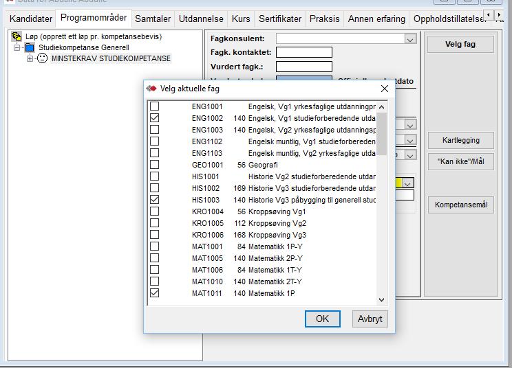 Alle fag som gir generell studiekompetanse etter 23/5 regelen, er forhånds valgt, bekreft med OK.