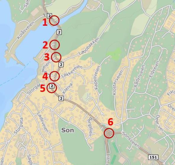 5 Trafikale konsekvenser I sin trafikkanalyse for Son sentrum har Rambøll gjennomført kapasitetsberegninger for seks kryss, som er vist i figur 9.
