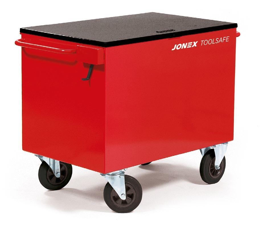 18 Jonex Toolsafe Verktøyvogn Jonex Toolsafe verktøyvogn er en meget romslig og robust vogn i for oppbevaring av verktøy og annet utstyr på byggeplasser. Volum 400 liter.