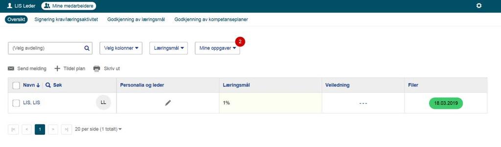 Mine medarbeidere I fanen «Mine medarbeidere» kan leder: Få oversikt over de LIS legene de er leder for Signere læringsaktivitet Godkjenne læringsmål Oversikt I fanen «Oversikt» får leder oversikt og