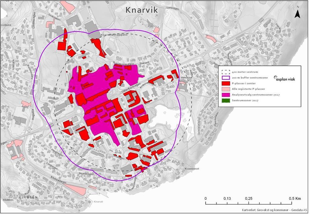 5. KNARVIK 5.1. Arealbeslag Parkeringsplassene i Knarvik beslaglegger ca. 18% av alt bebygd areal i Knarvik, samlet ca. 73 daa med parkeringsplasser.