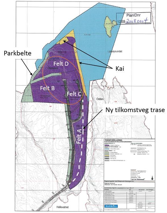 Stipla kvit line illustrerer planlagt endring av tilkomstveg. Områda Felt B, C, D vert planlagt til etablering av oppdrettsanlegg med ny planeringshøgd.