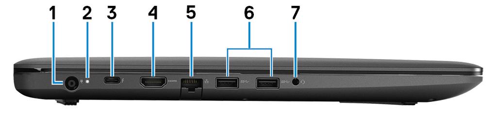 3 Visninger av Dell G3 3579 Venstre 1. Strømadapterport Koble en strømadapter for å gi strøm til datamaskinen og lade batteriet. 2.
