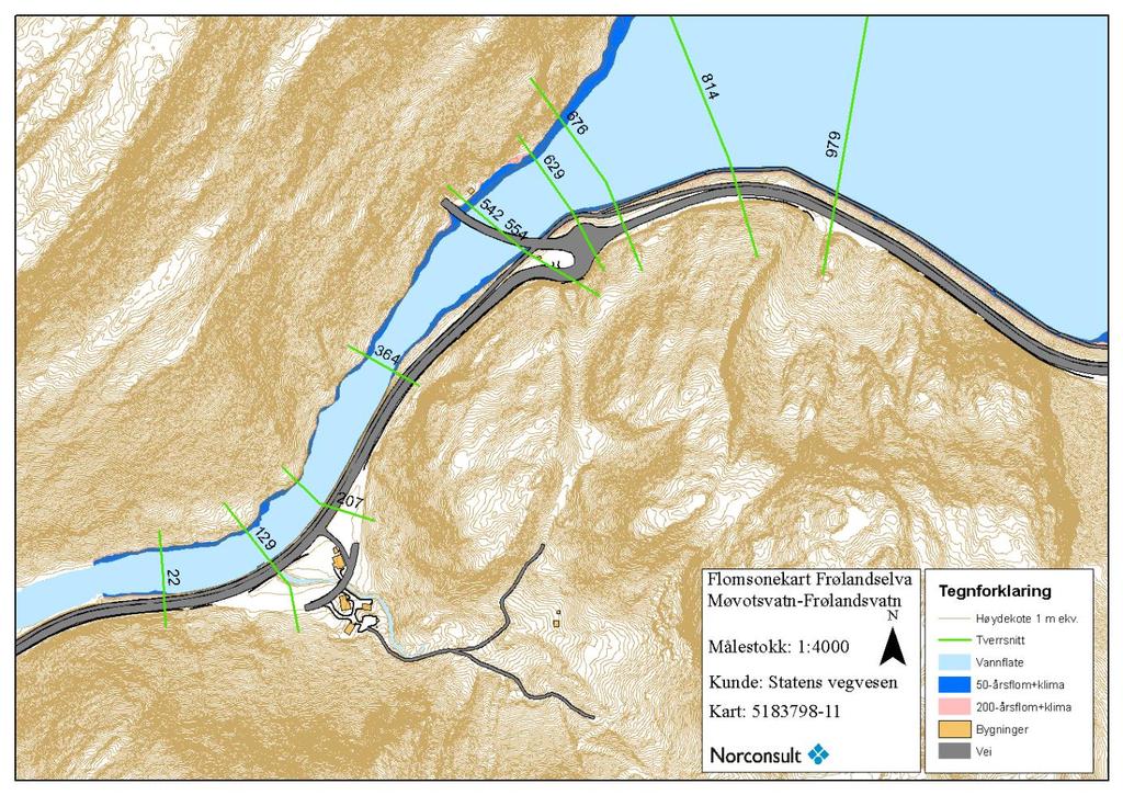 Figur 4-14: Flaumsonekart utløp Frølandsvatn Flaumsonekartleggingen for Frølandselva er nøyaktig nok til å vurdere om Fv 7 blir ramma