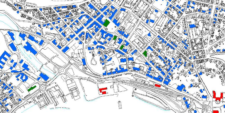 Figur 7-6 Verneverdige bygninger Kommunedelplan Larvik by 2015-2027 temakart bygg med antikvarisk verdi (blå og grønn farge) og fredete bygninger (rød farge). Kilde: Larvik kommune.