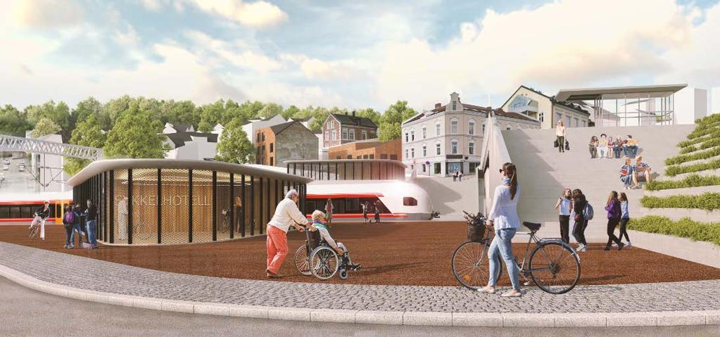 Figur 7-7 Fotomontasje som viser hvordan nye Larvik stasjon i Kongegatakorridoren kan bli. Atkomst ny stasjon, høy løsning. Illustrasjon utarbeidet av NOAV for Bane NOR.