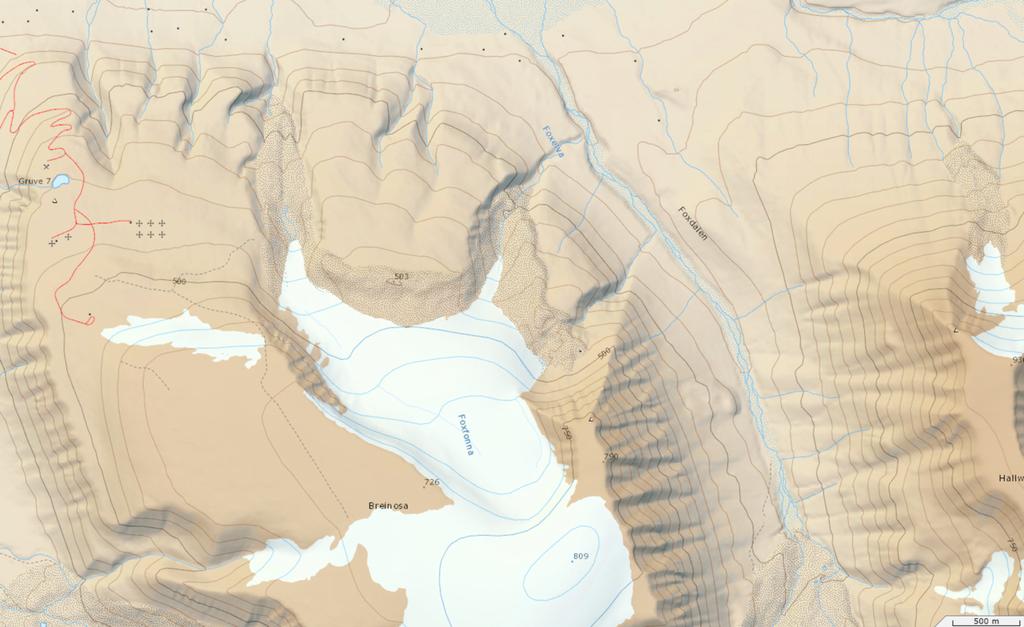 Undersøkelser av vegetasjon langs dreneringsvei for vann fra Gruve 7 til Foxdalen Ecofact rapport 537 Figur 1.2 Lokalisering av utslippspunkt i Foxdalen er indikert med rød prikk.