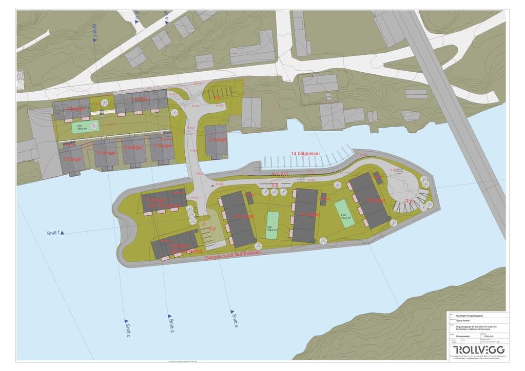 Figur 2 Oversiktskart den planlagte utbyggingen på Nordholmen i Kristiansund. Analysen er fokusert på de 5 mørkegråe boligblokker på Nordholmen.
