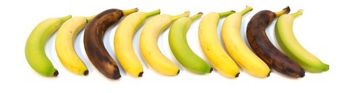 F4 Tenk deg at du har ti bananer i skapet. Fem av dem er gule, tre grønne og to er blitt brune. Du tar tilfeldig tre bananer.