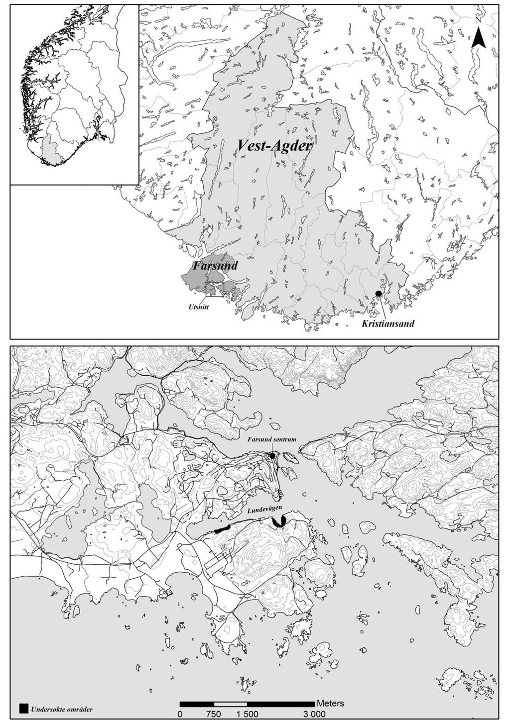 Fig. 1: Oversiktskart over Sør-Norge og Vest-Agder med utsnitt over Listaområdet,,