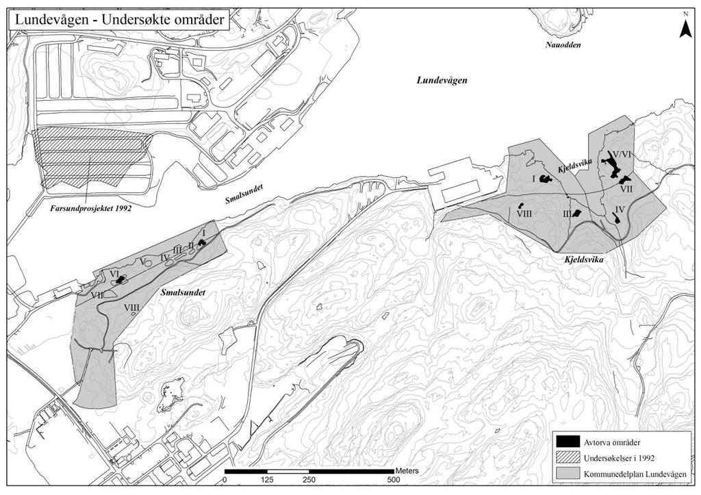 Fig. 2: Oversiktskart over Lundevågen med de berørte områdene utheva i grått: H6/N6 vest for Smalsundet og H5 og N5, samt H16 og N16 hhv.