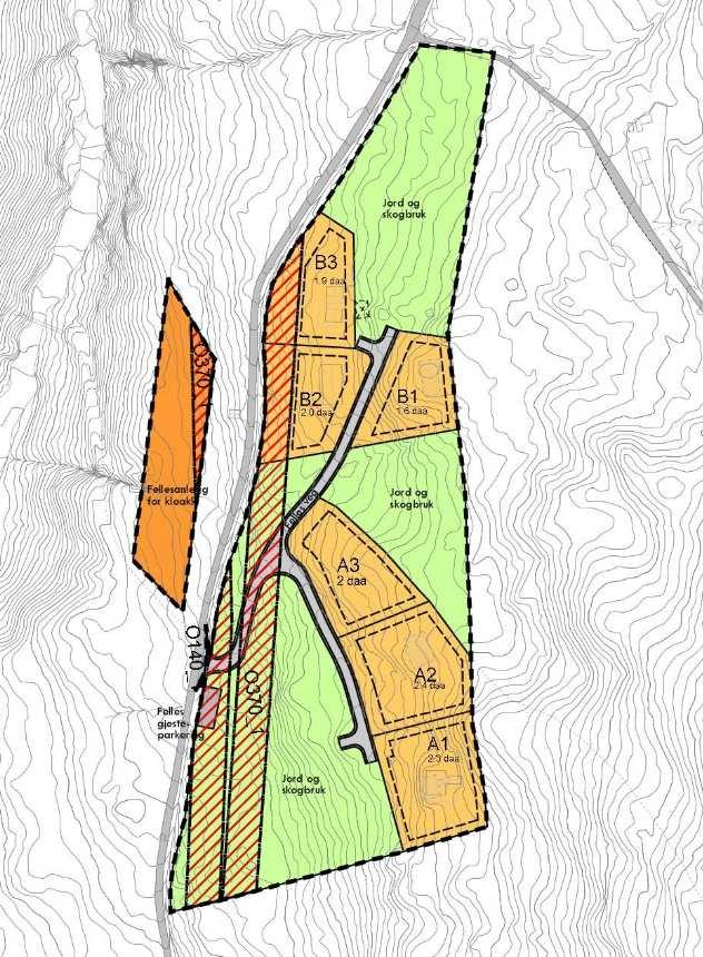 Endringar i plankartet Det er lagt inn ei ny tomt, A3, i tilknyting til tomtene A1 og A2. Det ligg til rette for at ny hytte kan knyte seg til eksisterande veg, vann og kloakk samt straum.