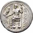 Hode av Herakles mot høyre kledd i løveskinn/zeus sittende mot venstre Price 3426 01 4 000 1152 Makedonia, Alexander den store 336-323 f.kr., drachme, Sardes (4,11 g).