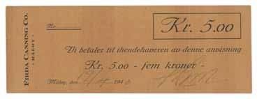 Sedler 239 Firda Canning Co., Måløy, 5 kroner 19/4-1940. Blankett. Signert ikke nummerert RN.