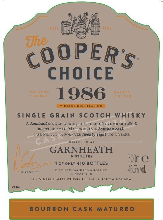 Coopers Choice Garnheath 1986 28 yo Denne kommer fra destilleriets siste produksjonsår. Møllkulene ble funnet frem i juli 1986. Single grain. Nese: Vanilje, kokos og krydder.