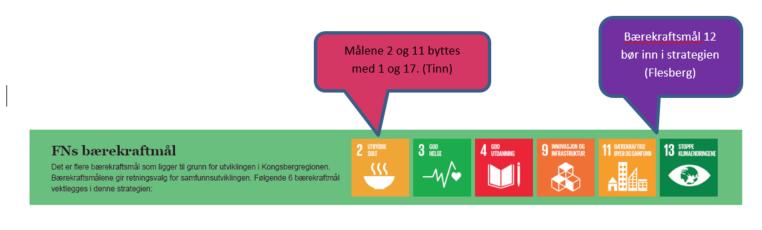 FNs bærekraftsmål: Tinn kommune savner begrunnelse for valg av bærekraftmål og mener at følgende bærekraftmål bør prioriteres 1 og 17 (som byttes ut med 2 og 11).