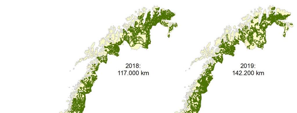 Figur 2. Geografisk fordeling av innsatsen ved yngleregistrering av jerv i Norge i 2018 og 2019.