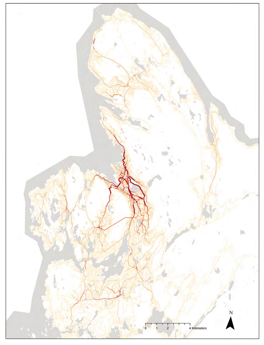 Potensial sykkelriser per dag 2000,1-4000 1000,1-2000 500,1-1000 200,1-500 200 Potensial for sykkeltrafikk Gjennom bruk av gisanalyser har vi sett på teoretiske volum av sykkeltrafikk i Bergen.