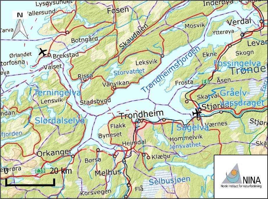 Figur 1.1. Oversiktskart over undersøkte vassdrag i Trøndelag. Fossingelva ligger i Levanger kommune. Gråelvvassdraget ligger i Stjørdal kommune. Sagelva ligger i Malvik kommune.
