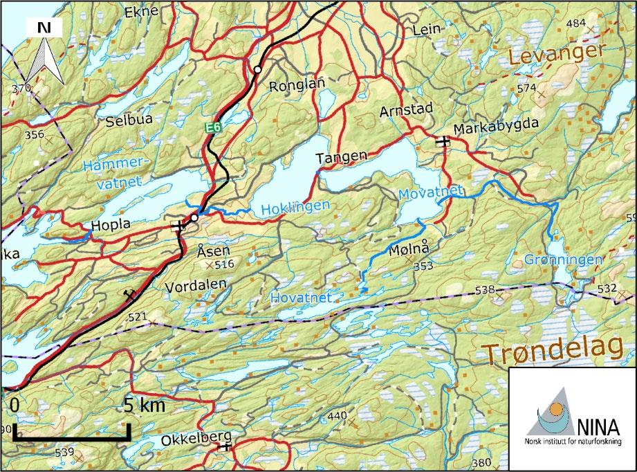 3 Fossingelva Figur 3.1. Oversiktskart over Hoplavassdraget. Fossingelva renner mellom vannene Hoklingen og Hammervatnet. Hovedstrengen i vassdraget er markert med blå strek opp til Grønningen.
